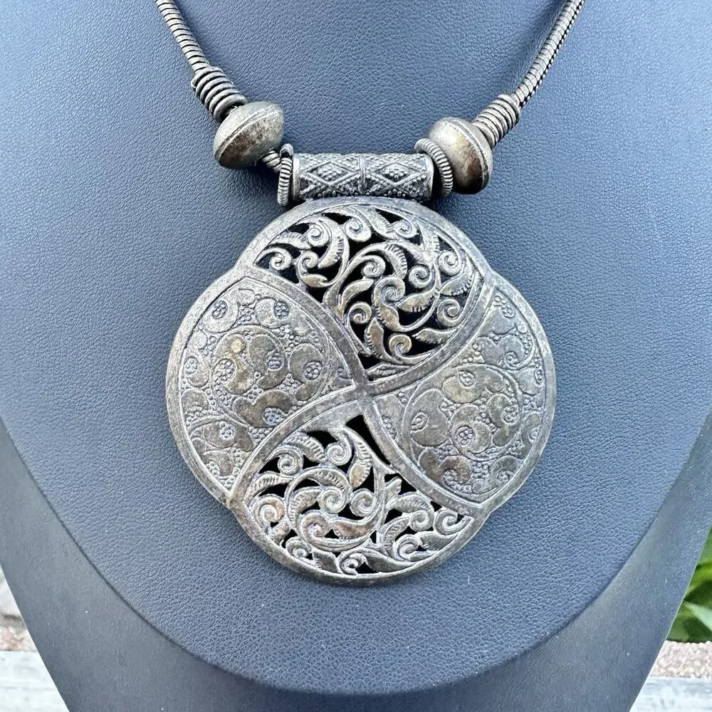 Vintage Moroccan Style Necklace Silver Medallion Statement Ethnic Tribal 19”